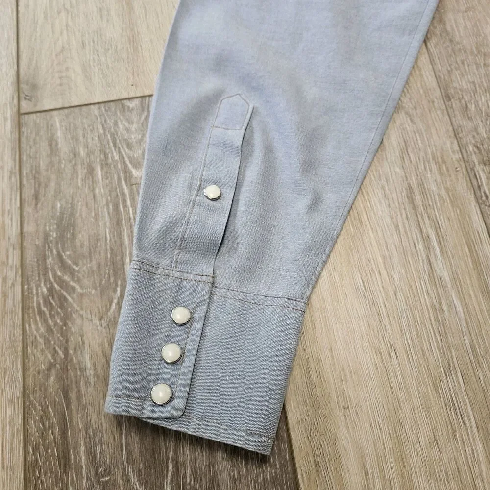 Wrangler Vintage Chambray Light Blue Denim Pearl Snap Western Shirt Men's Large